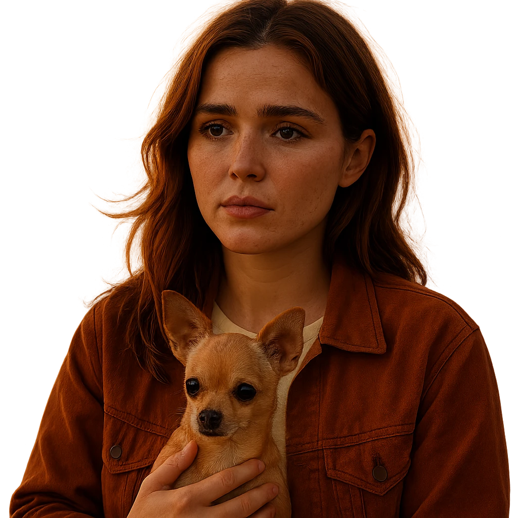 Portrait of a woman inspired by the facial features visible in the reference images, with a tanned complexion and subtle freckles. She wears a shirt in color #FFF8CA and a rust-colored jacket. Her hair is medium-length brown with auburn highlights. She has a pensive and melancholic expression, holding a beige-brown chihuahua. The style is inspired by a Netflix series, with a transparent background. The ambiance is a Tenerife sunset, creating an intimate and sincere universe like an Instagram diary. emoji