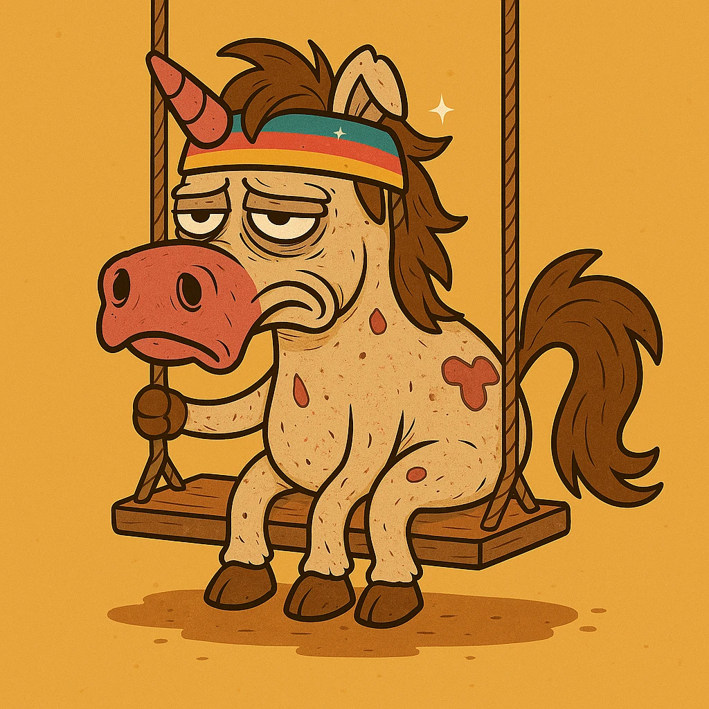 Place the unicorn on a swing in a cartoon style. The unicorn remains dirty, crumpled, with bags under its eyes, a drooping horn, and a bright shiny headband. Maintain the cartoon style look. emoji