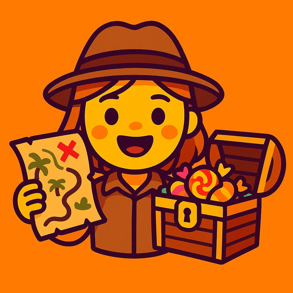Create an emoji in a vibrant toon style that conveys the atmosphere of a short story about a girl who found a treasure map and went on an adventure with friends. Include elements of adventure such as a treasure map, a chest filled with candies, and a friendly, joyful atmosphere. Maintain a cartoonish style with bright colors, capturing the spirit of fun and exploration. emoji