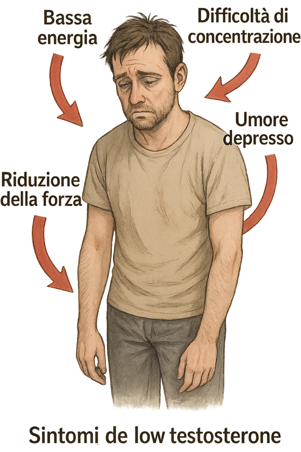  un uomo con espressione affaticata, circondato da frecce rosse che evidenziano sintomi di testosterone basso. Le frecce sono accompagnate da scritte in italiano come “Bassa energia”, “Difficoltà di concentrazione”, “Umore depresso”, “Riduzione della forza”. L’ambiente è semplice, con colori neutri e dettagli realistici. emoji