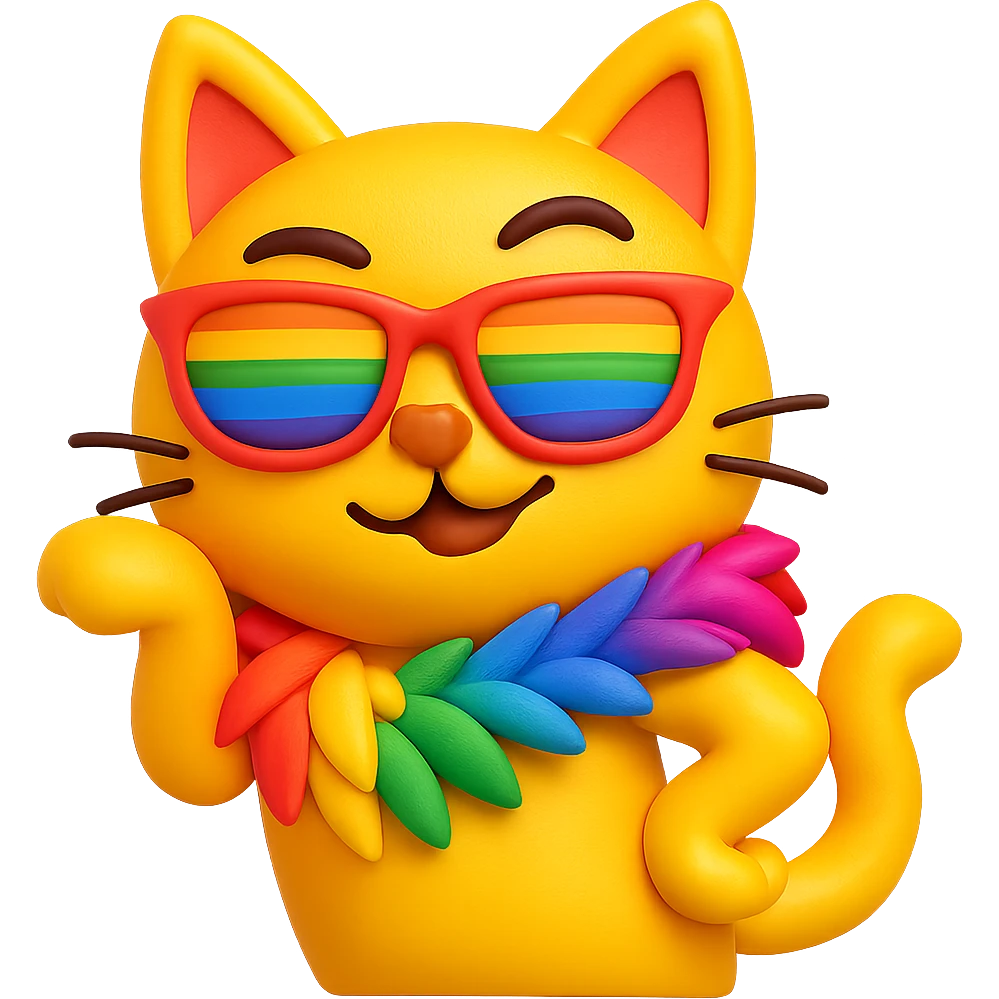 Make the posh cat funny and flamboyantly gay, featuring rainbow sunglasses, a feather boa, and a sassy pose, in the style of 3D emoji with no background. emoji