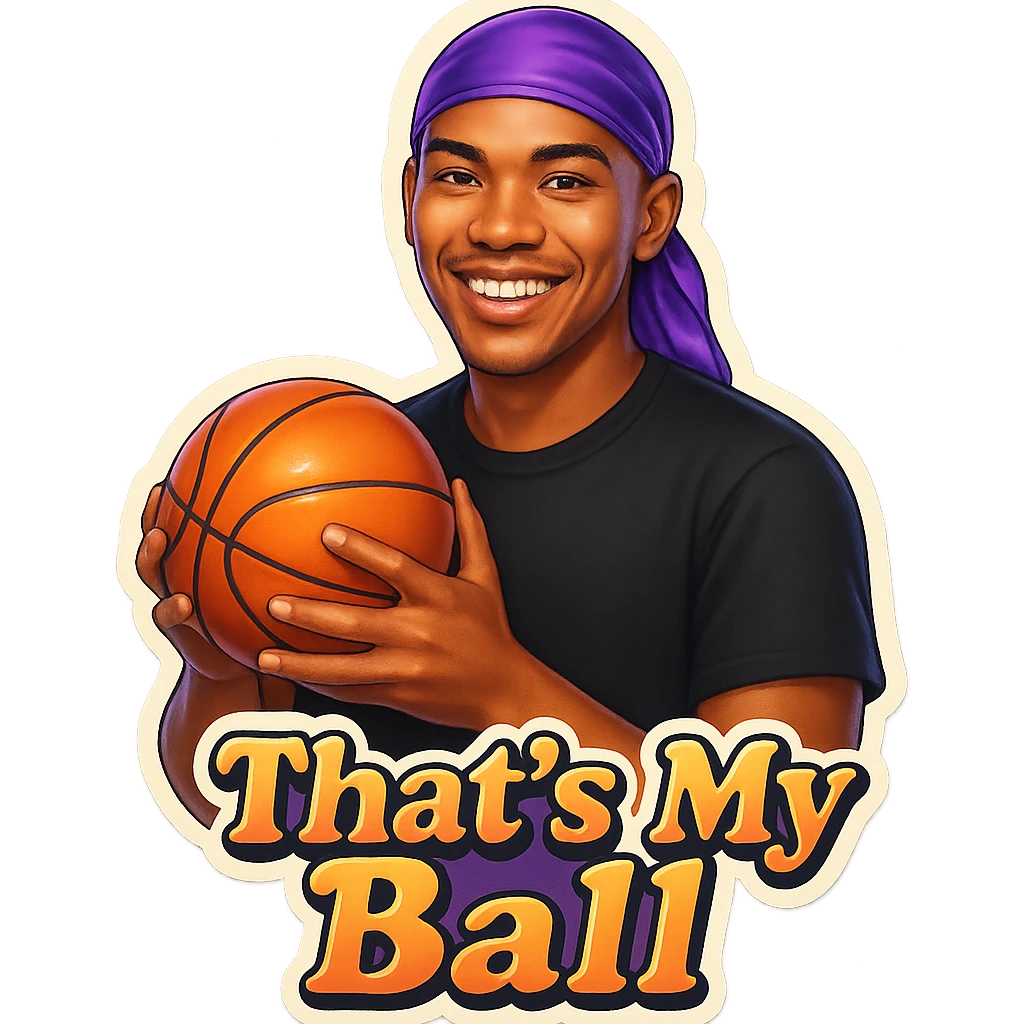 happy 
Holding Basketball with 2 hands
make his shirt Black
Change His durag To Purple
Make it say " That's My Ball  " emoji
