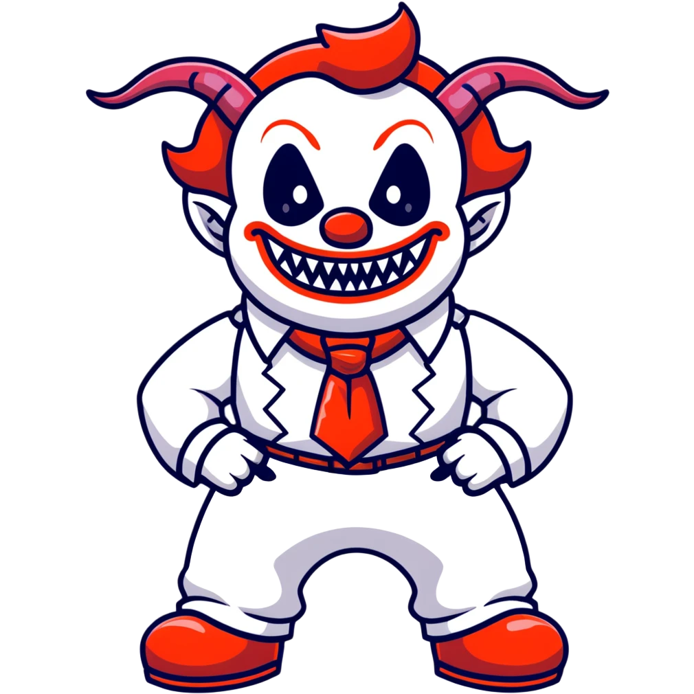 full-body demonic clown in a white leisure suit with bellbottom pants, bald, with black ram horns, flashy belt, ruffled shirt, no neck tie, large fangs in mouth emoji
