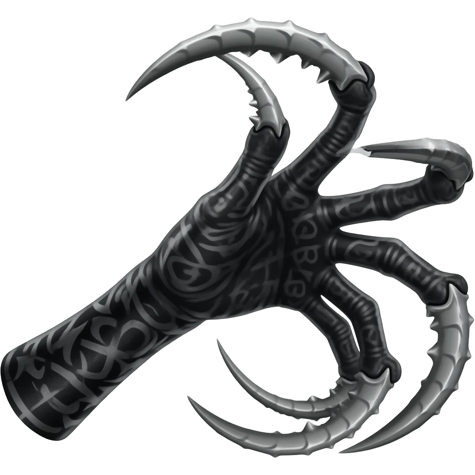 Long dark Demonic hand with sharp claws. Make the hand reach out to attack and slash towards the right of the image violently. Shift the perspective to a side profile to show the curvature and length of the claws more clearly. emoji