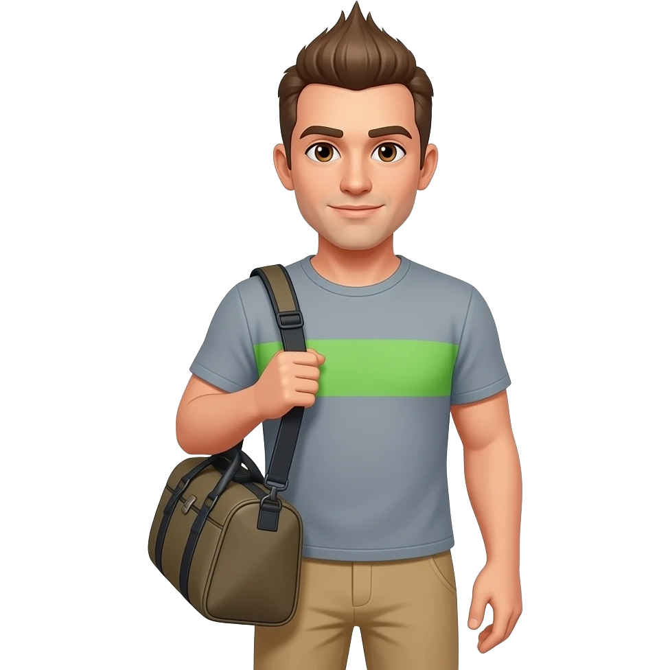 Un hombre de ojos color miel con café claro, con pantalón color beige, playera color gris con franja color verde a la altura del pecho, cabello color oscuro peinado hacia arriba tipo mohawk, cargando un costal en el hombro emoji