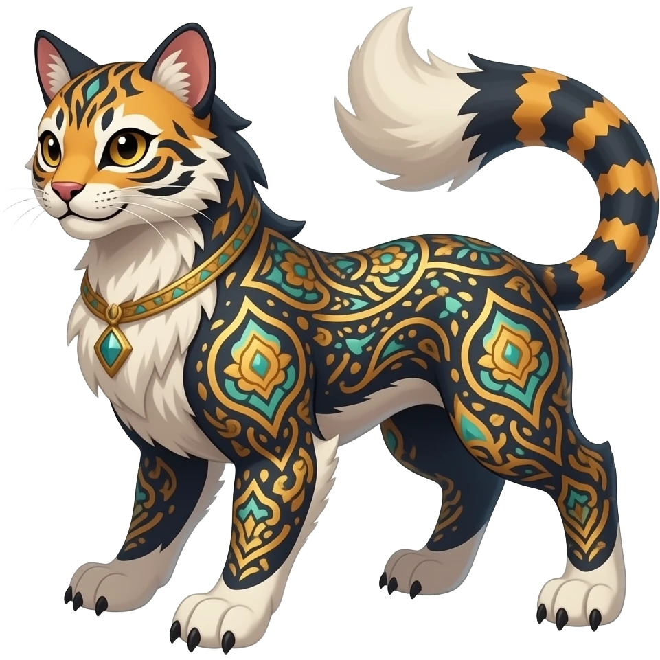 Patterned unique epic legendary vintage antique aesthetic quadrupedal elegant oriental feral painted fantasy-Civet-Litten-Luxray-Sprigatito-Furret-Sylveon-Fakémon-fusion-hybrid-creature emoji