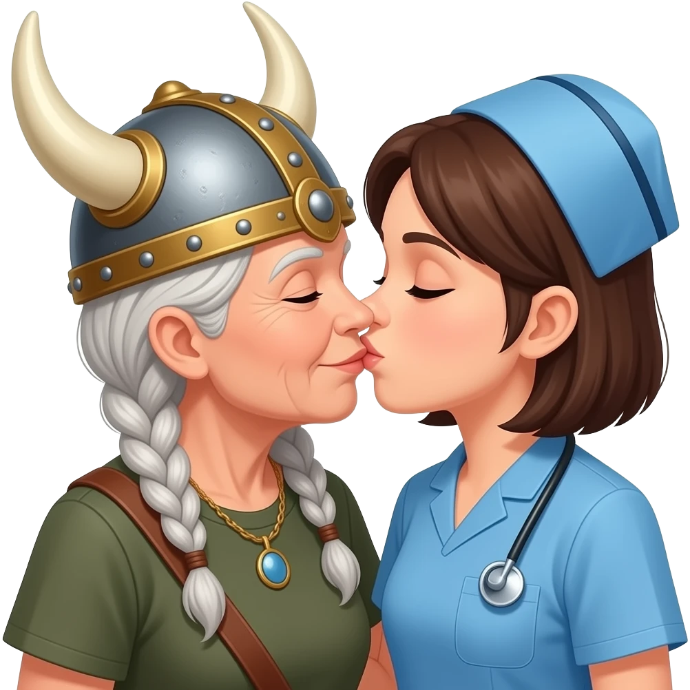 Viking helmet older woman with braids kissing shorter hair nurse female couple emoji
