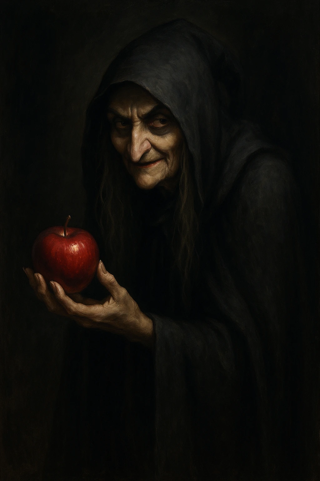 Snow White witch, classic fairytale villain, holding a red apple, dark cloak, mysterious expression emoji