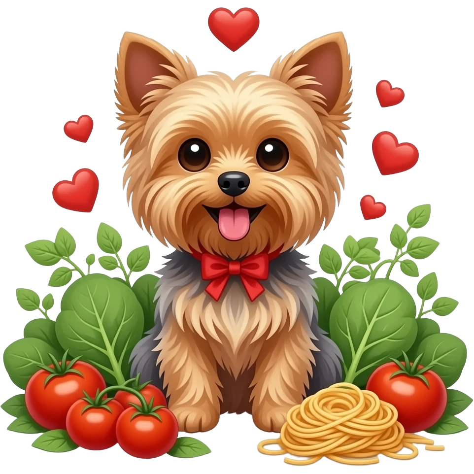 Yorkie dog smiling tongue out sitting among a lot of ivy, tomatos, spinach, chicken and pasta and floating hearts emoji