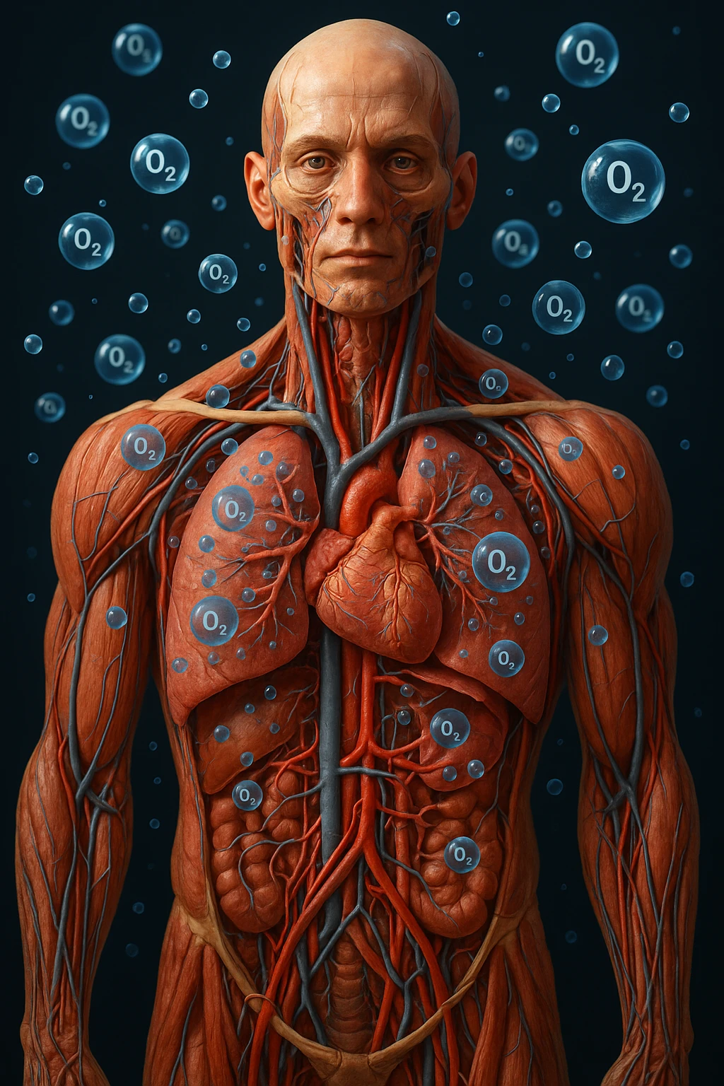 OSSIGENO FLUTTUA IN UN CORPO UMANO ANATOMICO, IPERREALISTICO 4K emoji