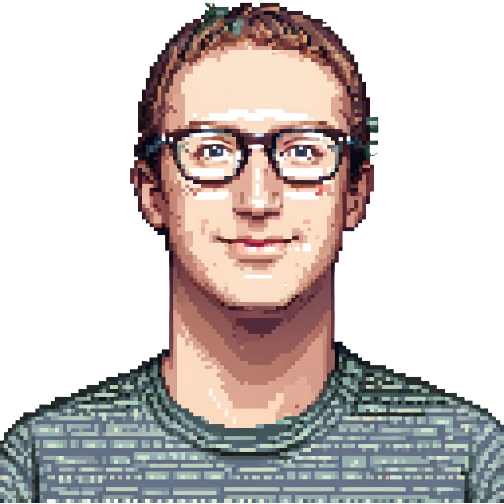 Mark Zuckerberg, pixel art style, tech vibe, minimal background emoji