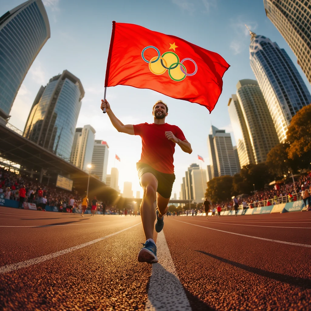 happy runner waving a flag of olypmic emoji