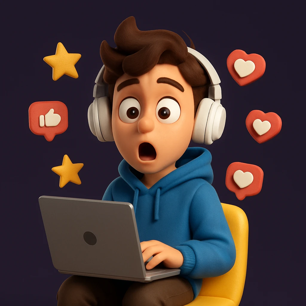Create a detailed Generation Z character in a cartoonish 3D style with a surprised expression, wearing a blue hoodie, sitting on a yellow chair, holding a laptop and surrounded by floating icons of stars, likes and hearts.
The character should have stylised brown hair, large expressive eyes, white on-ear headphones and a soft, expressive Pixar-style look.
Depict the character in full, centred in the frame, with even studio lighting, soft shadows and a clean dark purple background for contrast. emoji