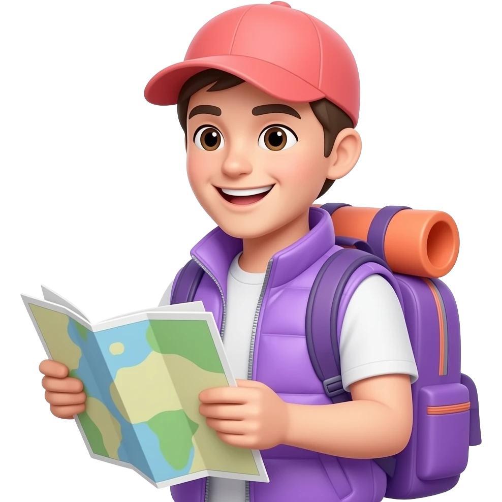 Smiling emoji person, lilac vest and backpack, coral cap, holding a map, portrait, close-up, happy expression, Apple emoji style, predominantly lilac with coral accents emoji