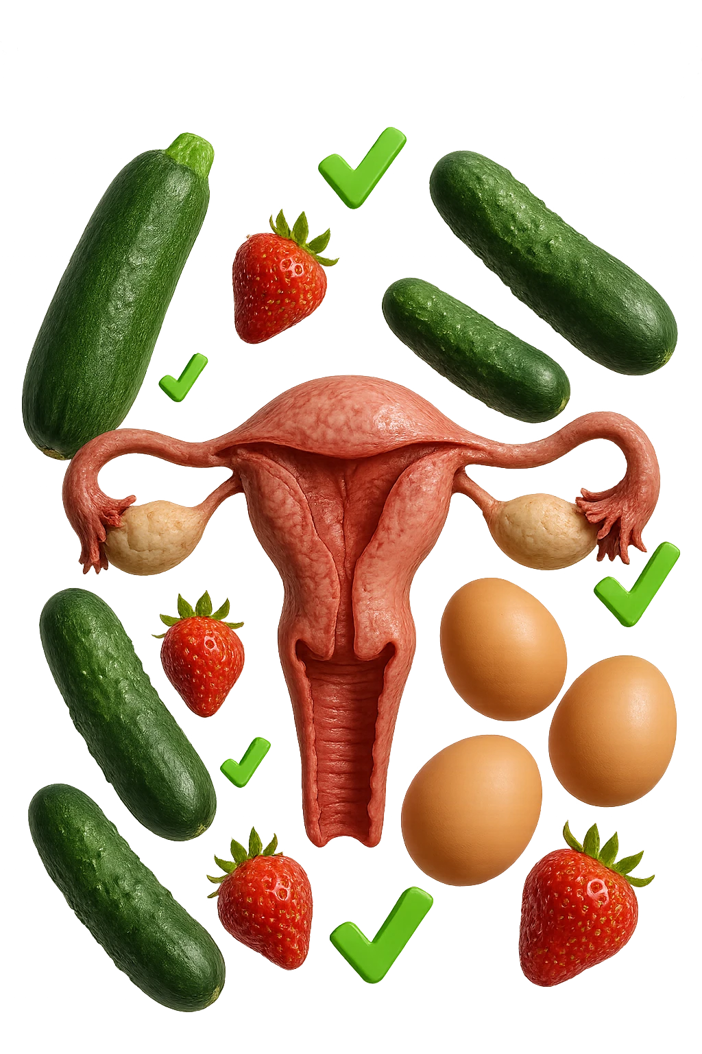 zucchine, cetrioli, fragole, uova fluttuano insieme ad un utero umano realistico anatomico e a piccole spunte verdi di "verificato" 3d, IPERREALISTICO 4K emoji