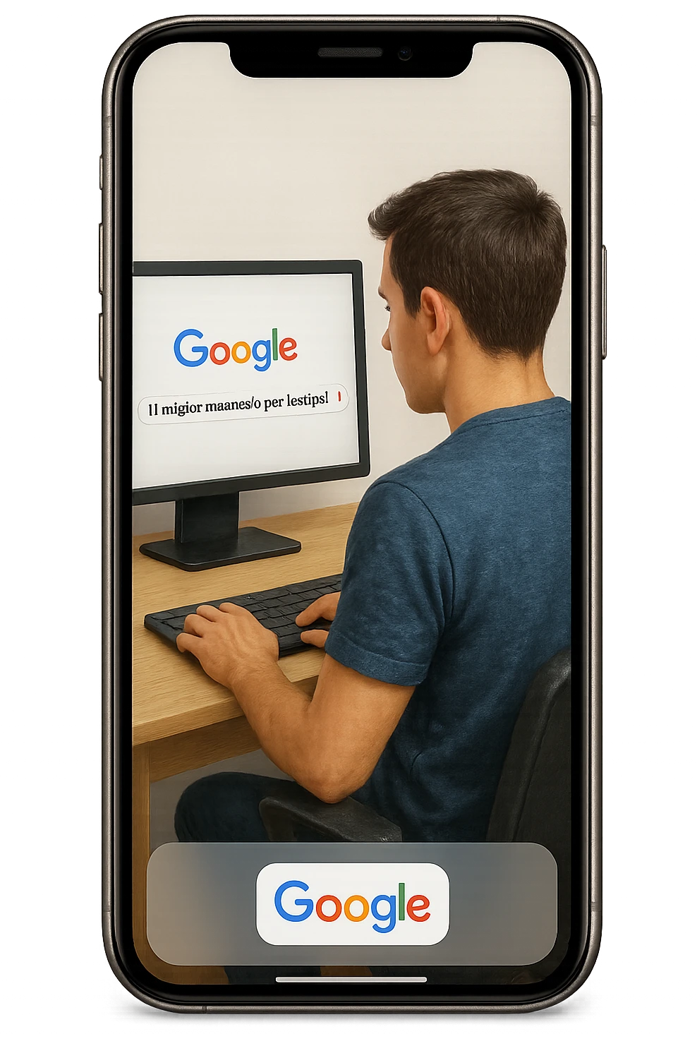 emoji stile iphone di un uomo davanti al pc che cerca di google: "Il miglior magnesio per la stipsi", iperrealistico 4k emoji