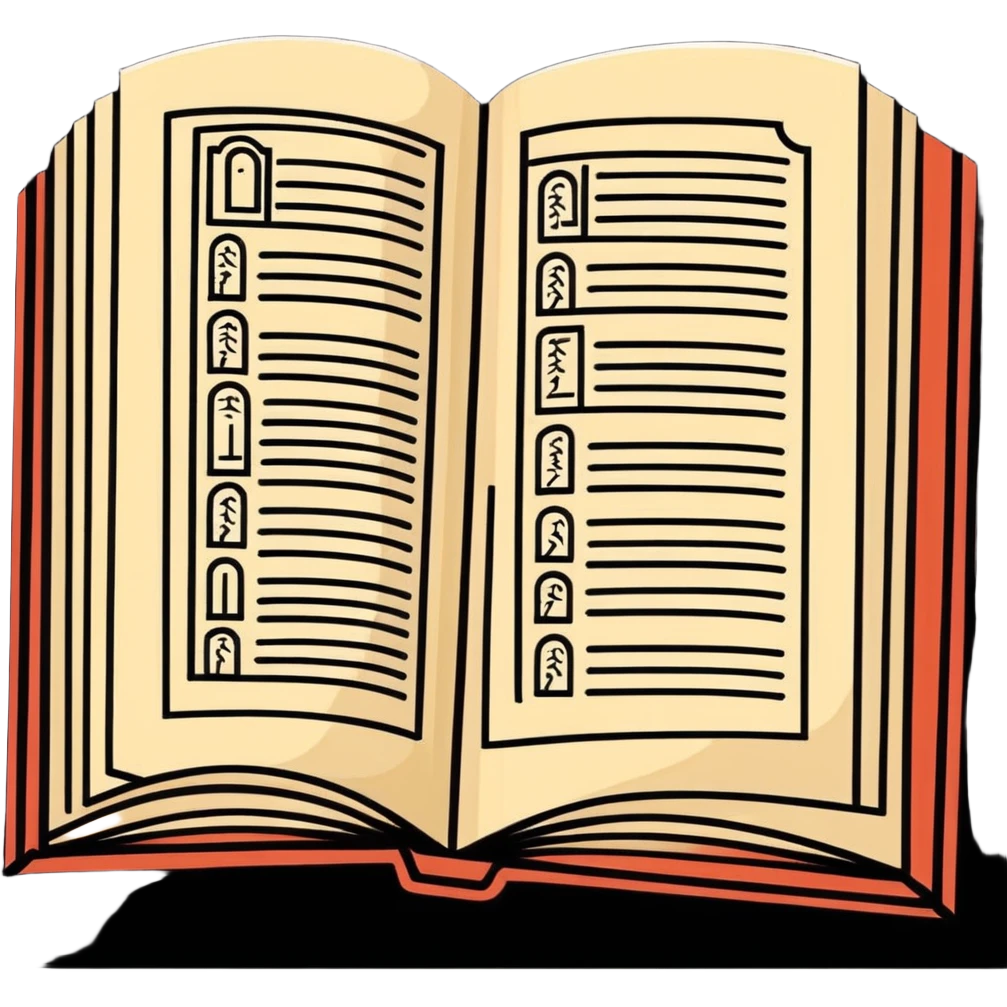 Ancient manuscript with Babel translation dictionary emoji