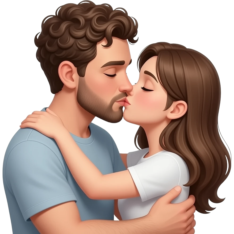 Realistic white man brown super short curly hair with beard kissing strongly and hugging realistic white girl brown hair emoji