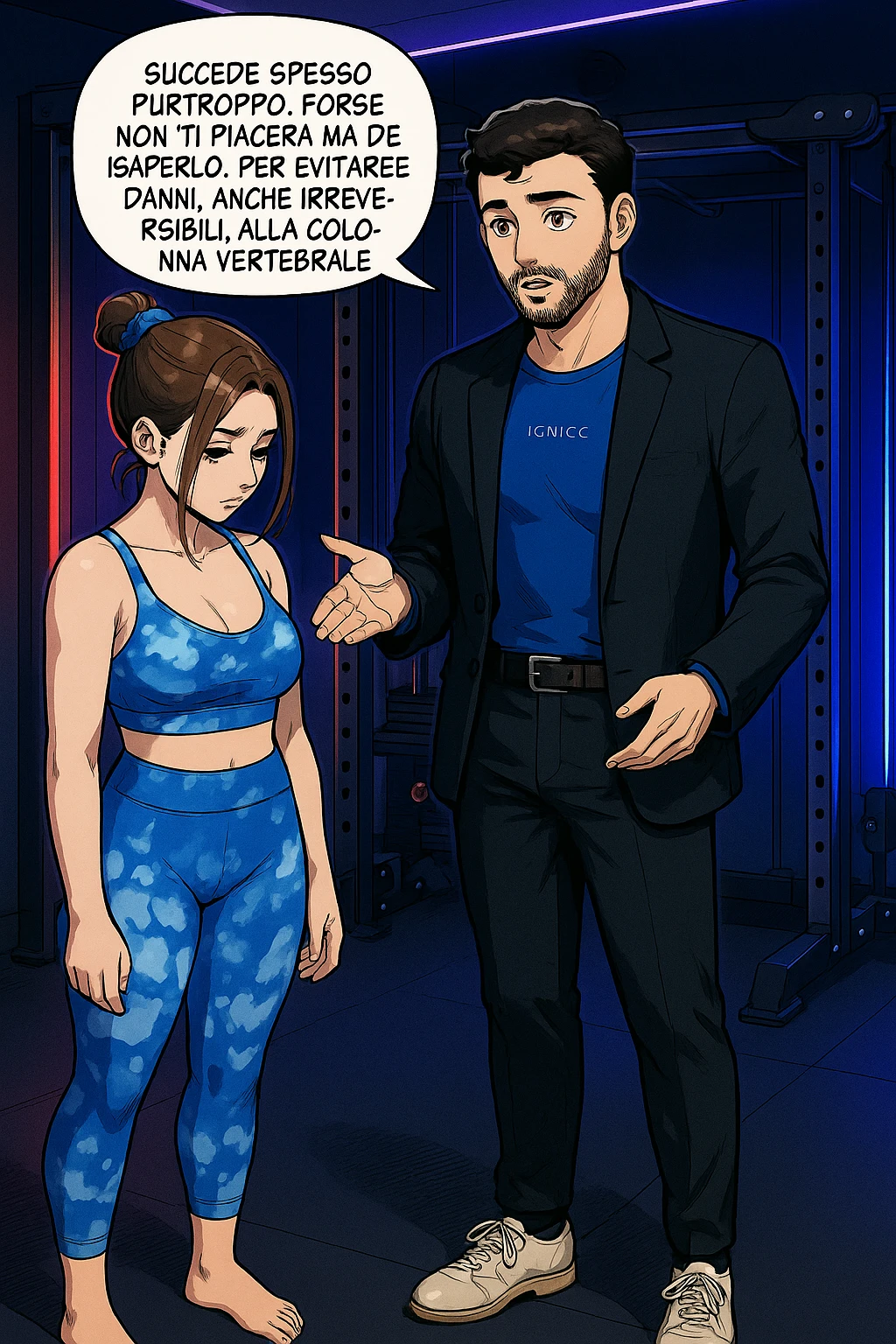 fai questa immagine in versione fumetto/manga/webtoon a colori, il manga mostra l'uomo che risponde alla donne:
Succede spesso purtroppo. 
Forse non ti piacerà ma devi saperlo, per evitare danni, anche irreversibili, alla colonna vertebrale e un potenziale intervento chirurgico. emoji