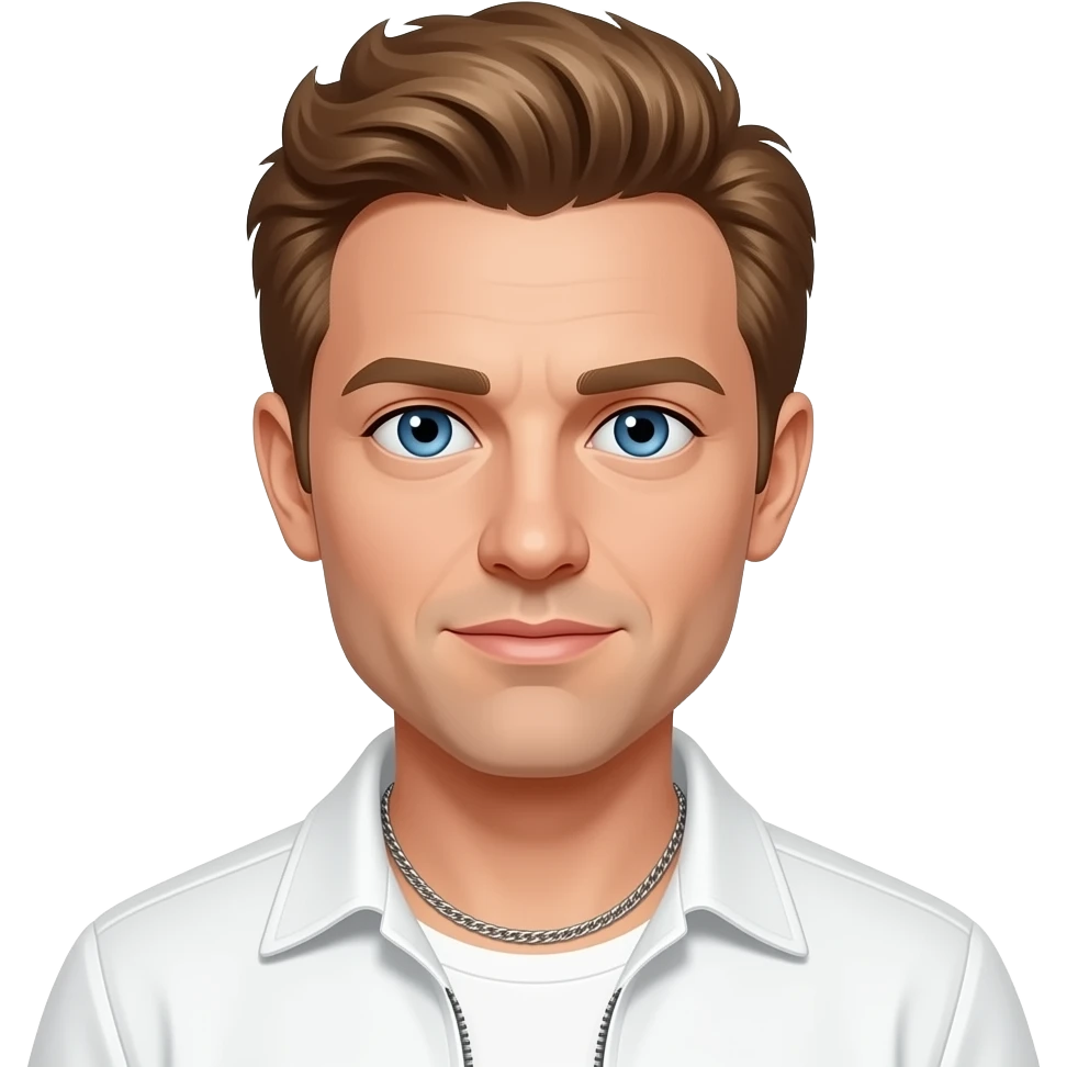 Brian Littrell with blue eyes, light brown hair, white pop outfit, necklace emoji