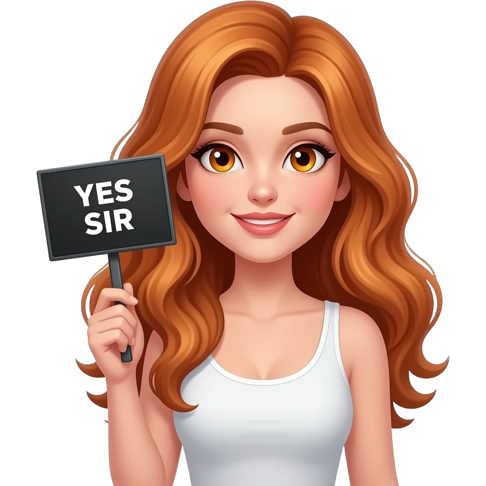 sexy girl with long wavy ginger hair and ginger eyes wearing a white tanktop is holding a black colored sign with YES SIR written on it emoji