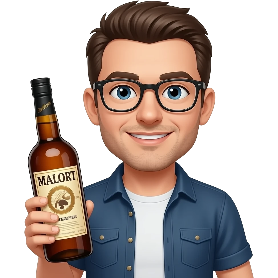 brown haired guy with glasses holding Malort bottle emoji