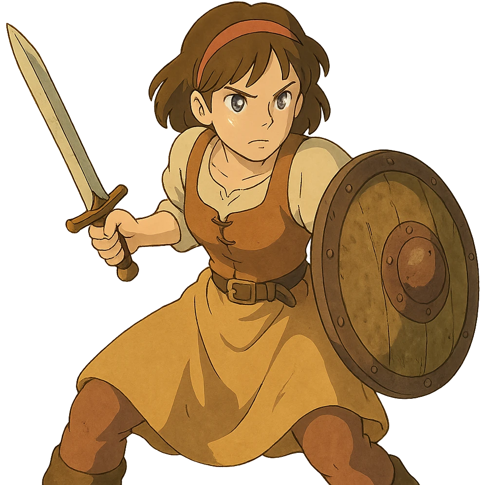 a warrior maiden with a sword and shield, common tavern clothing, eye gleam, defense stance, repose emoji
