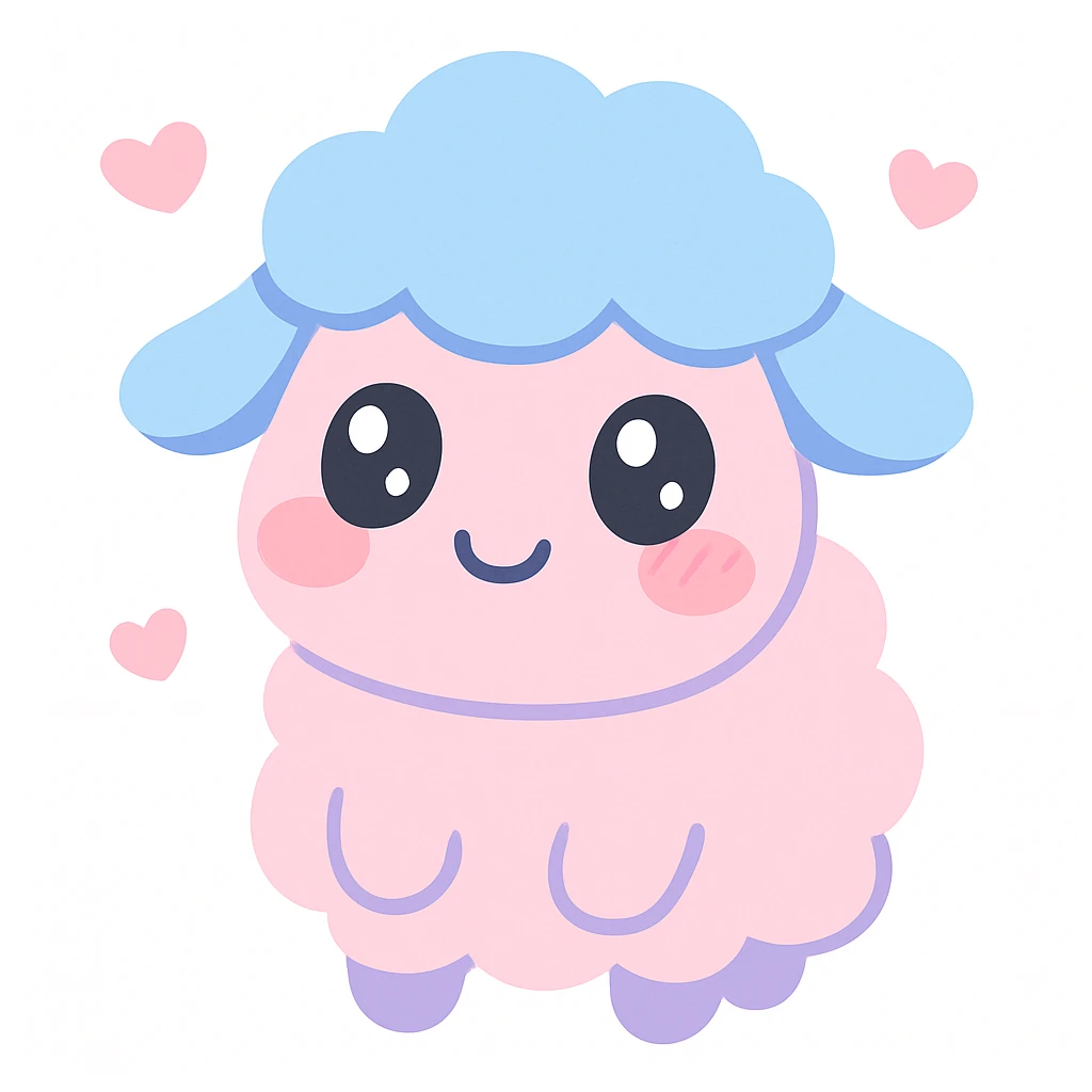 a cute sheep in love, blushing, with hearts, kawaii style emoji
