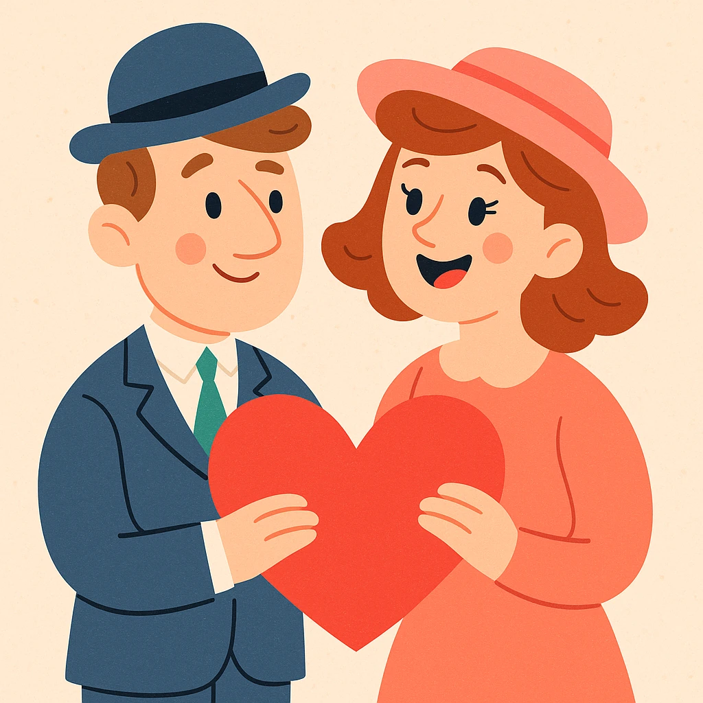 an English man and lady couple with a love heart, cute cartoon style emoji