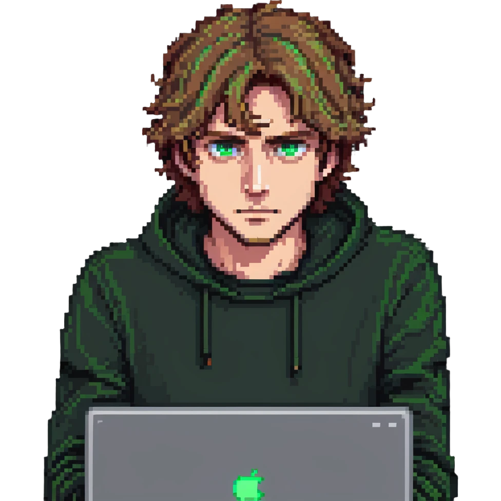 man with light brown hair and green eyes, laptop open, focused expression, minimal background emoji
