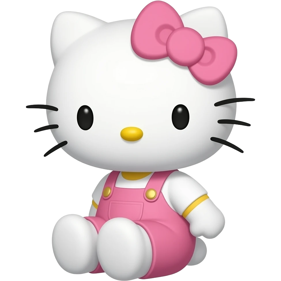 Side shot of hello kitty sitting down looking at the camera wearing pink ovaeralls and a white shirt with a pink bow emoji