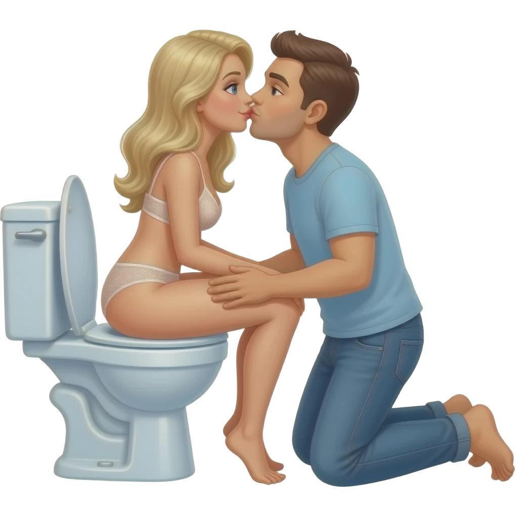 White blonde woman sits reverse on toilet wearing bra and no panties. Man kneeling behind her kisses her butt emoji