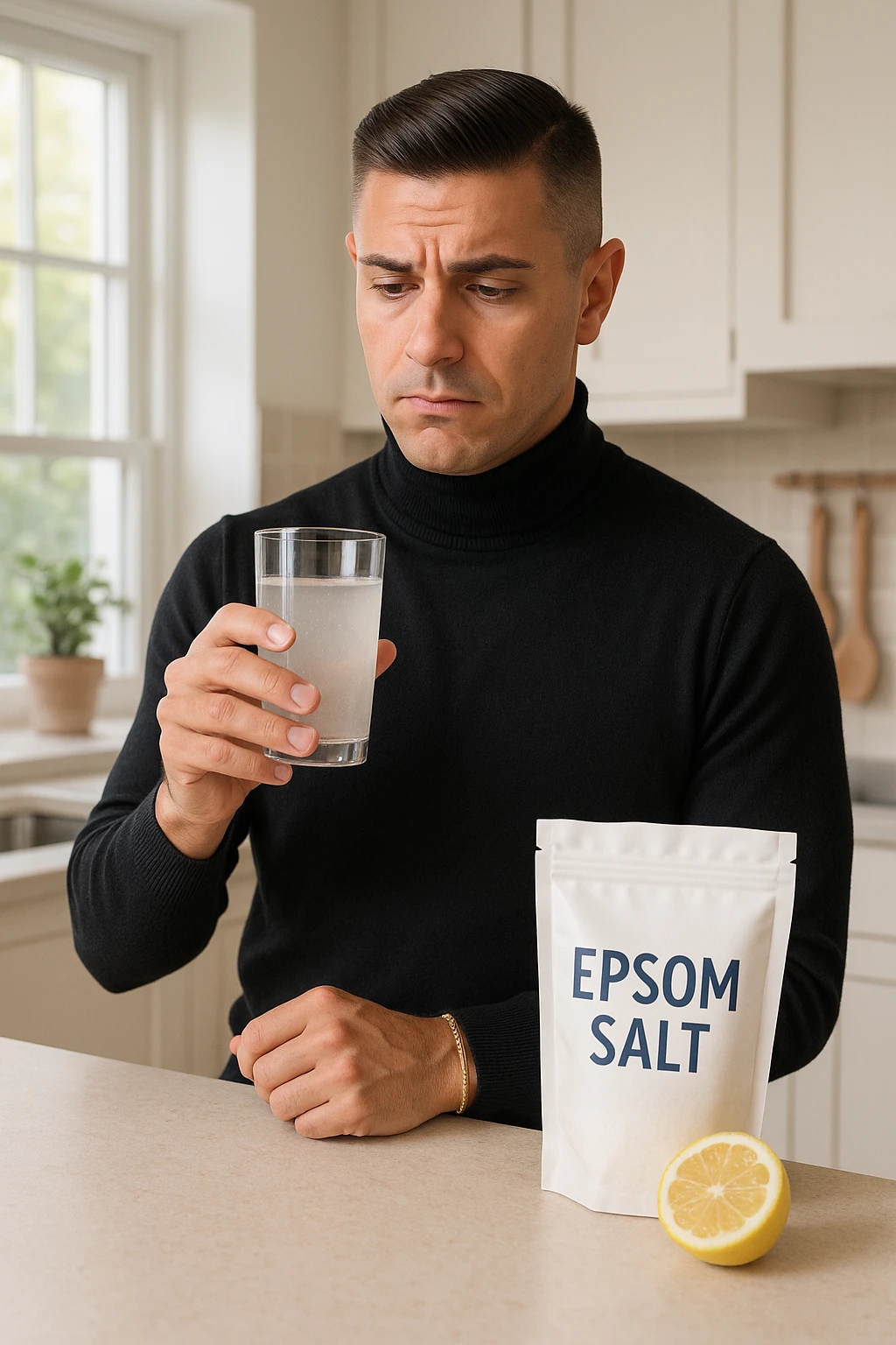 A realistic, bright photo-style image of a young man in his 30s standing in his kitchen, holding a clear glass filled with water in which Epsom salt (magnesium sulfate) has been dissolved. He looks focused but slightly uncertain as he prepares to drink it for a liver flush or digestive cleanse. The glass shows slight cloudiness from the dissolved salt. On the counter are a packet labeled 'Epsom Salt' and a sliced lemon, suggesting he might use it to mask the taste. The setting is clean, natural, and bright with neutral tones. The background shows sunlight streaming through a window, emphasizing a clean, minimalist health-focused environment. The mood conveys a realistic, calm moment of self-care with a hint of discomfort, illustrating a natural detox practice in italiano emoji