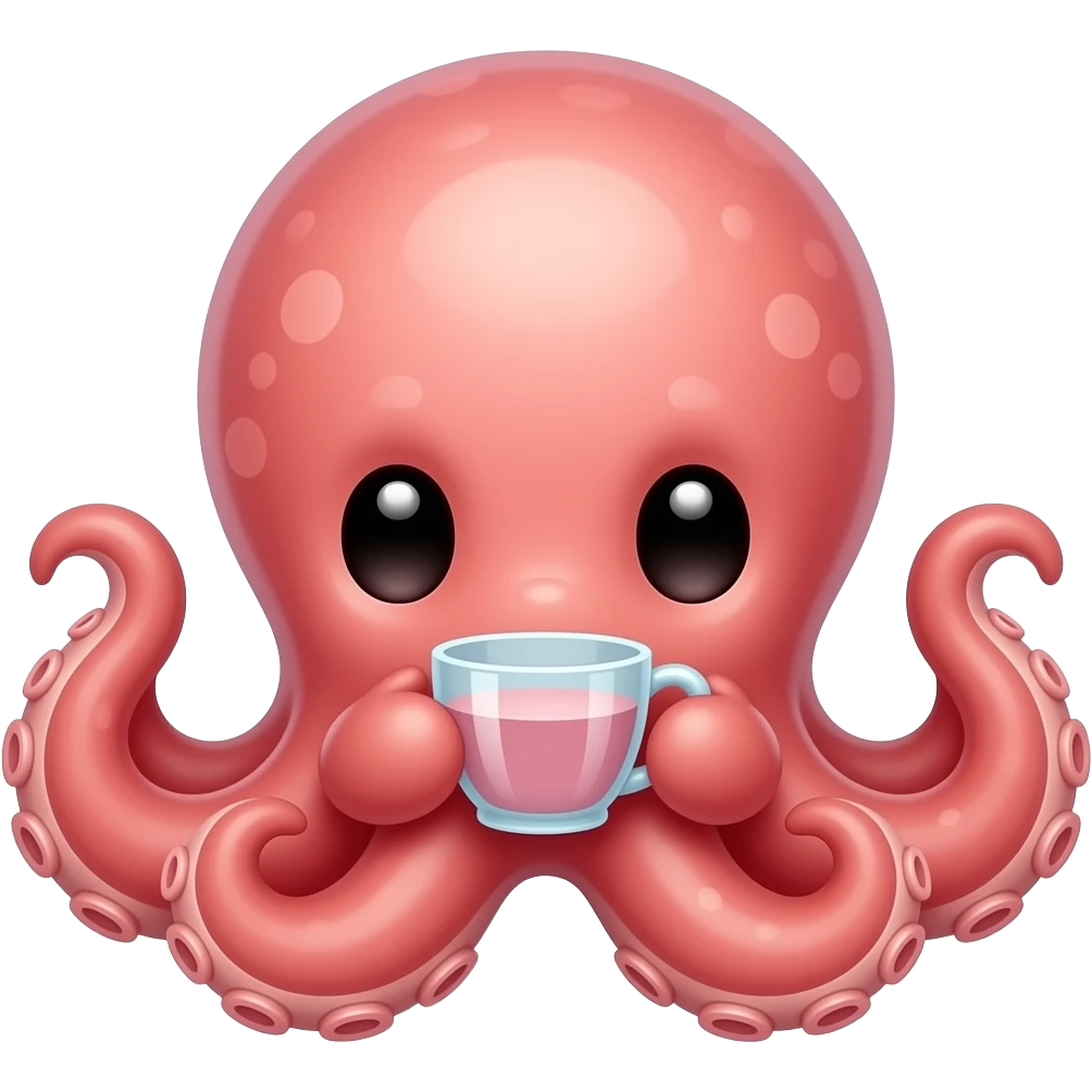 Cute octopus sitting low, holding a glass teacup, front-facing whimsical pose emoji