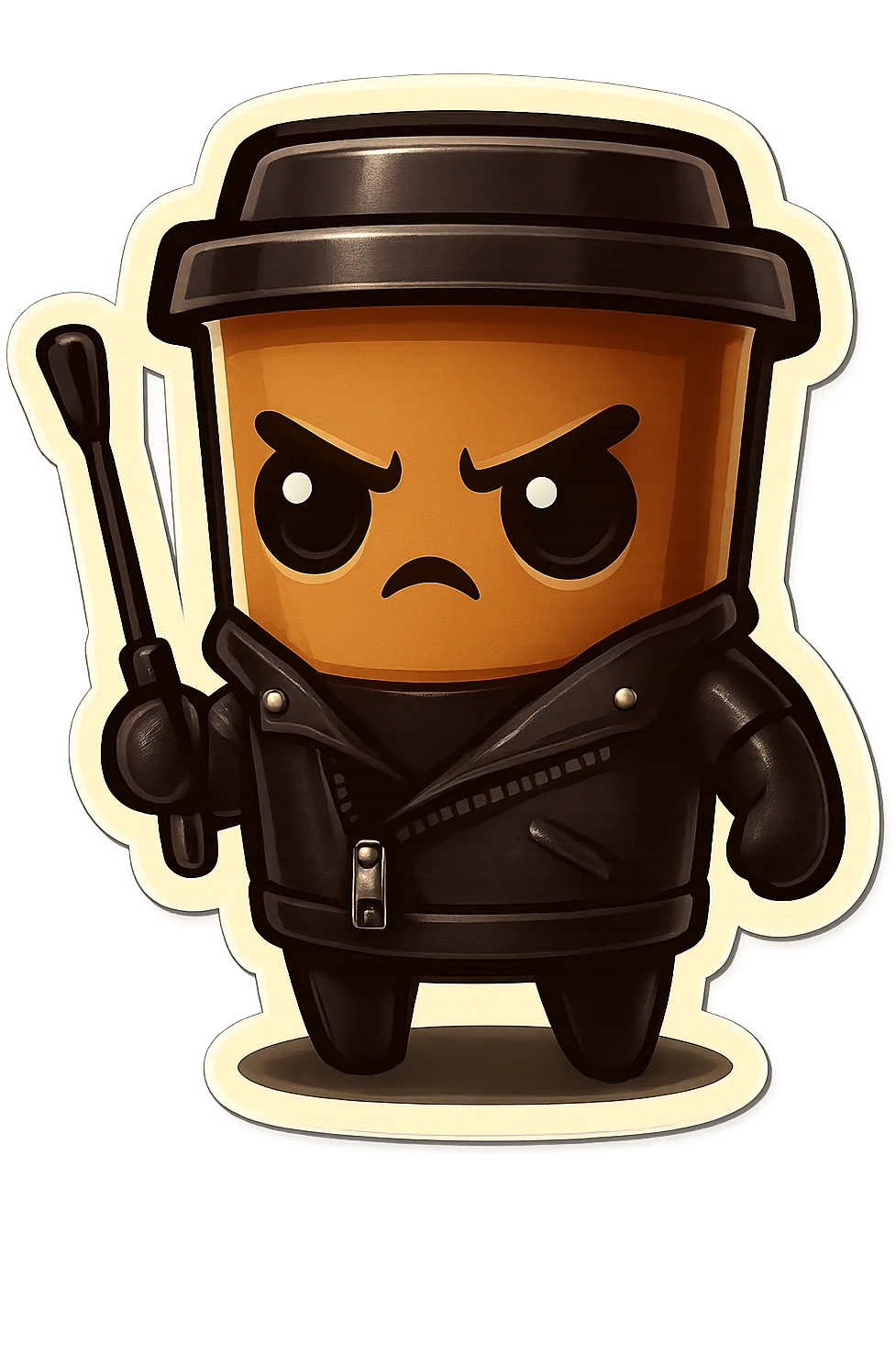 Tall coffee cup, dressed in leather holding a whipping crop, serious expression emoji