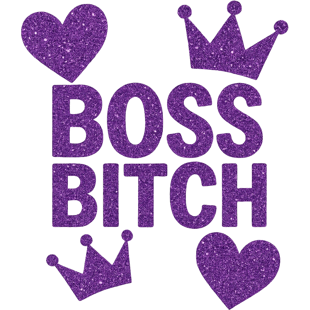 Purple Hearts and crowns with glitter and the words boss bitch heart, remove background emoji