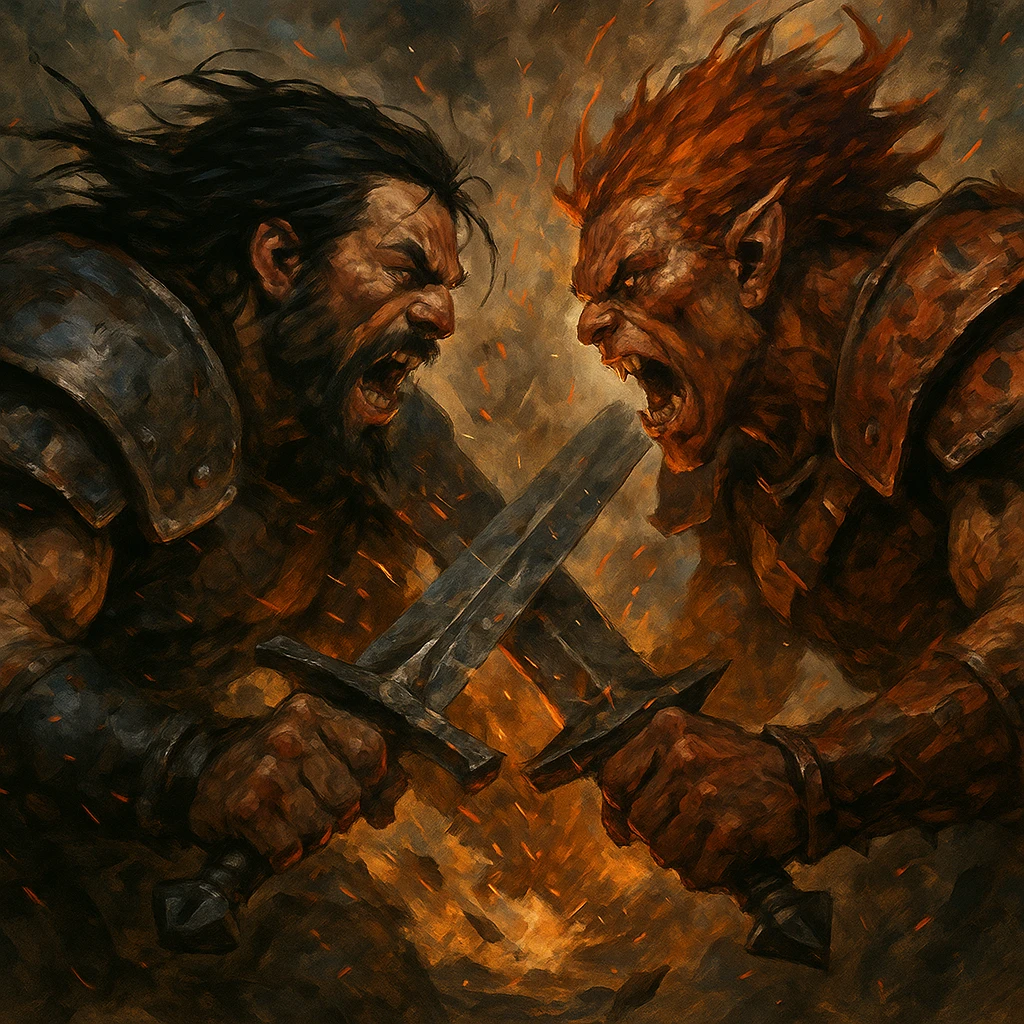 angry fight final battle, two fierce characters clashing, intense energy, dramatic scene emoji