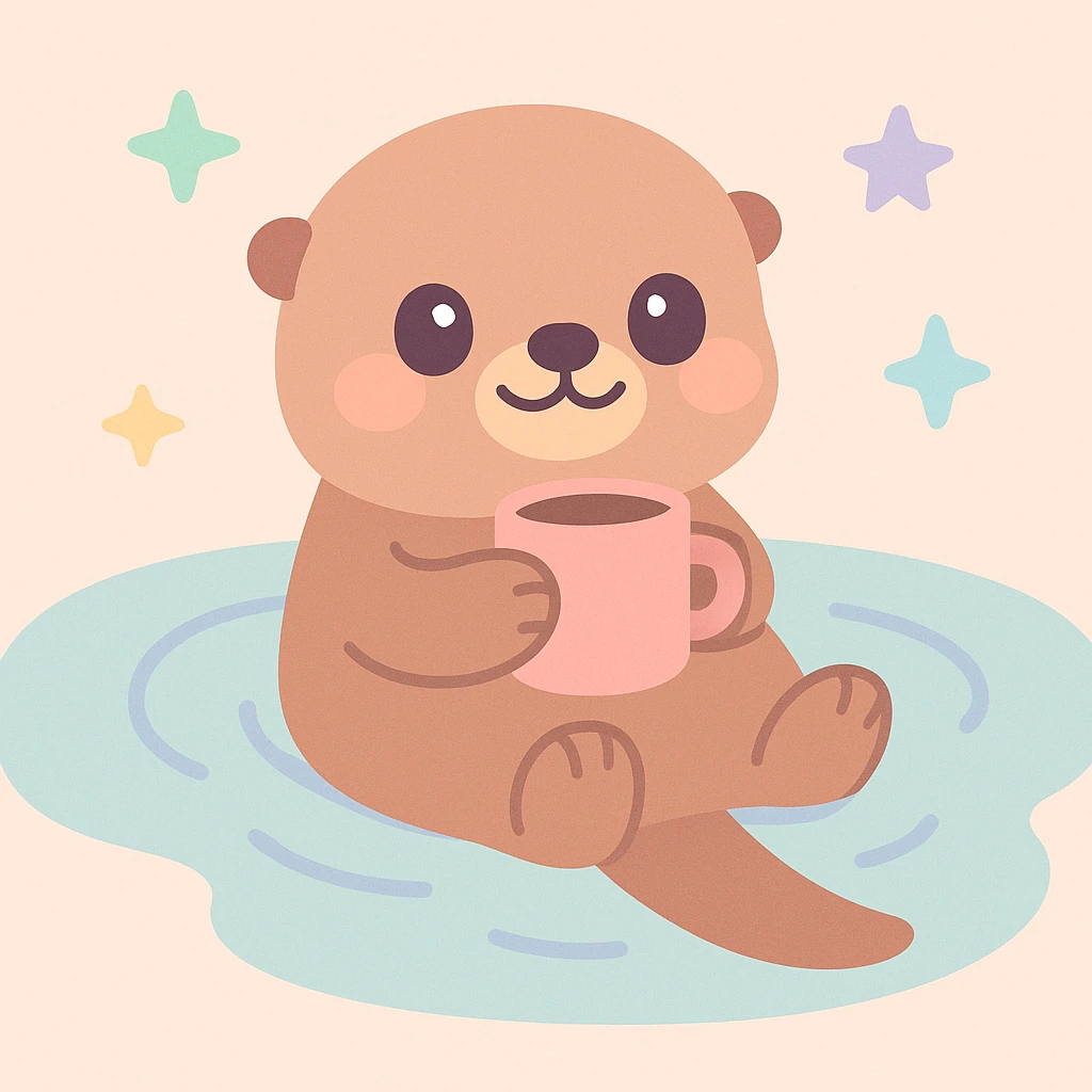 an otter floating on a lake and drinking a coffee, charming whimsical style emoji