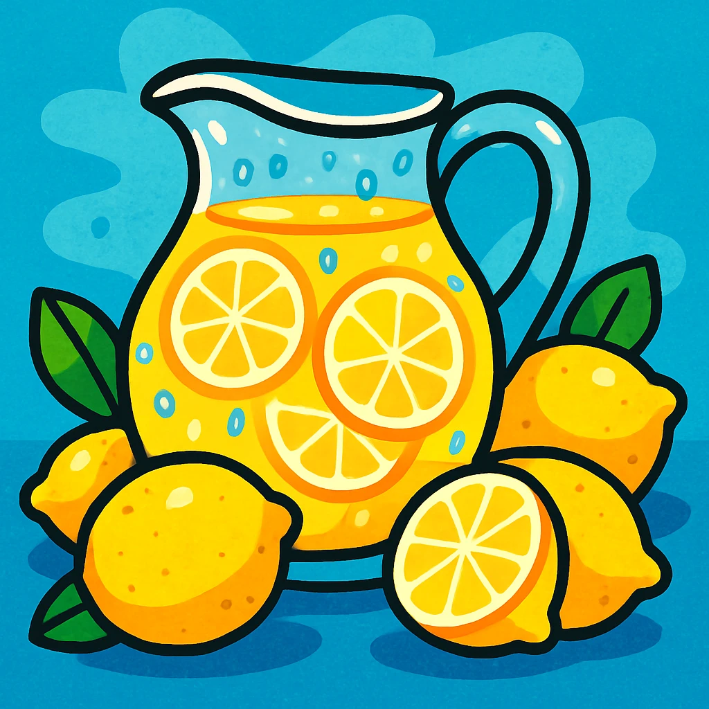 a pitcher of lemonade with condensation, surrounded by lemons, playful style, bright and cheerful colors emoji