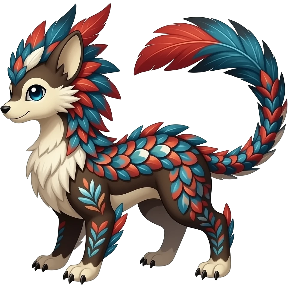 Floral-patterned majestic feathery elegant realistic stylish Furry, fluffy feathery tropical painted scaly, dark-brown, sanguine-red, blue, white, black, Minccino-Bambino-Linoone-Zangoose-fusion-hybrid-animal-Fakémon-creature, full body, thin long sleek tail, intricate markings emoji
