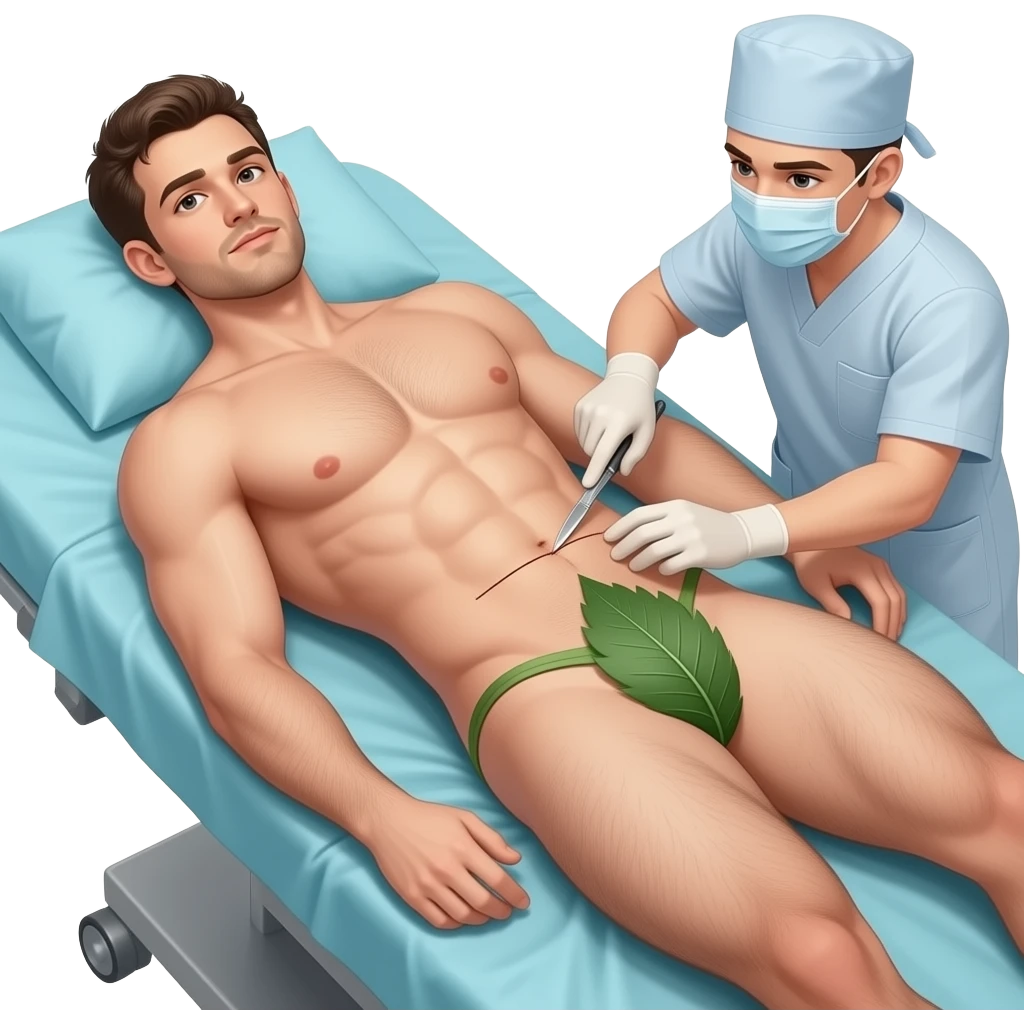 A guy about 23 years old, handsome, full-length, completely naked, has six-pack abs, his genitals are covered by a leaf , He has natural body hair on his arms, legs, and a faint line of hair below his navel. He lies in operating table . The surgeon uses a scalpel to make a cut in guy stomach. emoji