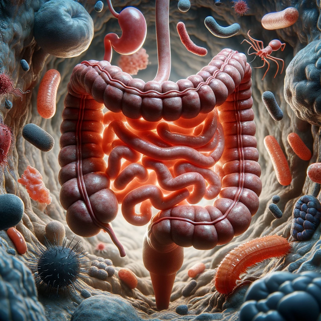 intestino umano realistico con batteri e parassiti che gli fluttuano intorno, iperrealistico 4k emoji