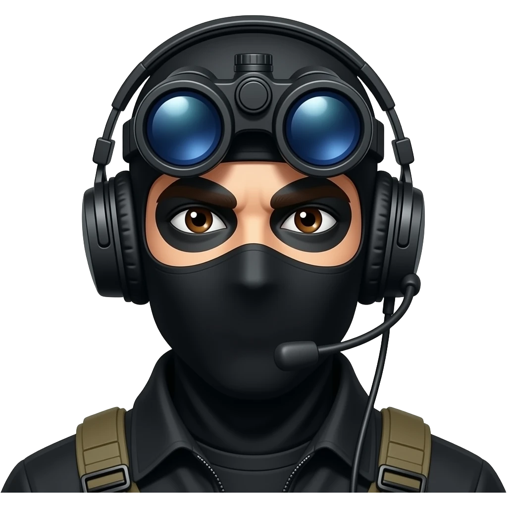 man with brown eyes wearing black clothes, face painted black and a blackwhite balaclava and wears a headset and a big black night vision device on his headtop emoji