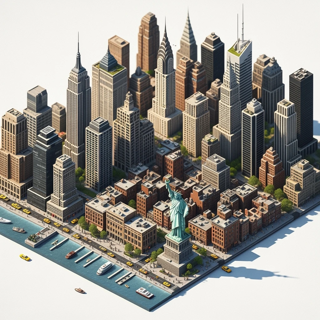 Isometric miniature of New York 3D miniature effect and Tilt Shift effect, no cartoonish look, transparent background. emoji