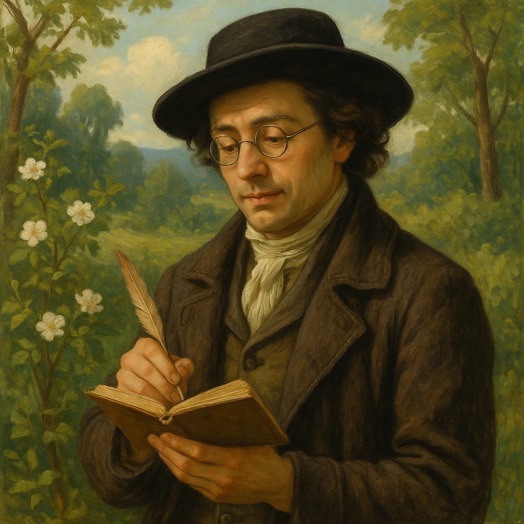 a poet dressed in traditional costume, wearing a chapeau and round glasses, holding a notebook, surrounded by nature, with a gentle and thoughtful expression emoji