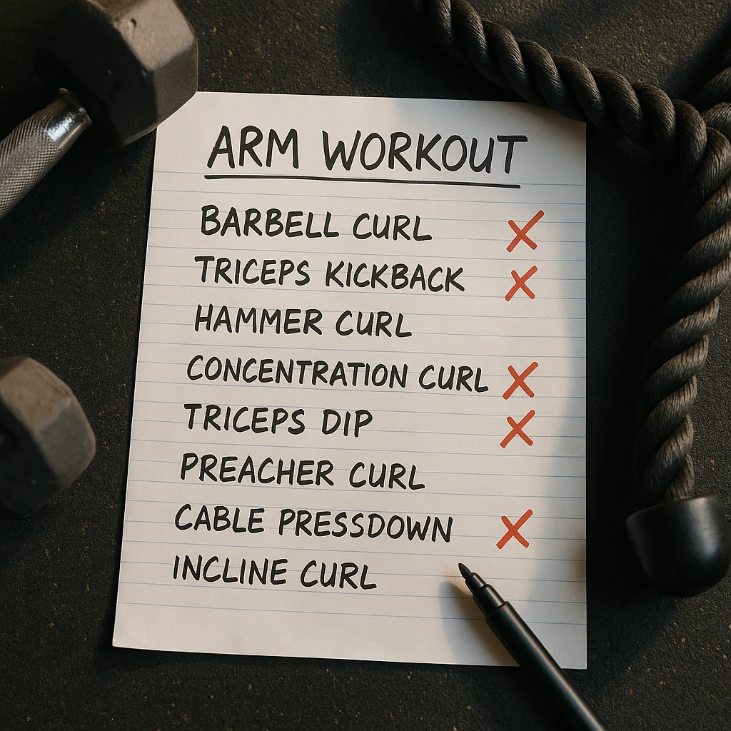 Top view of an arm workout training sheet with handwritten exercises and red X marks on incorrect exercises, in a hyperrealistic style, 4K quality, natural gym atmosphere with natural lighting. Maintain sharp details and realistic gym environment. emoji