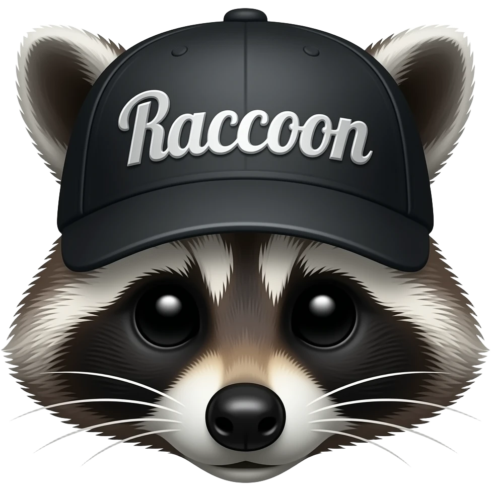 A raccoon skeleton head thats wearing a black baseball cap that says "Raccoon" with silver lettering and white bordering emoji