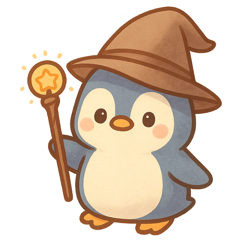 a penguin dressed as a wizard, wearing a pointed hat and holding a magic staff, in a fun and whimsical style emoji