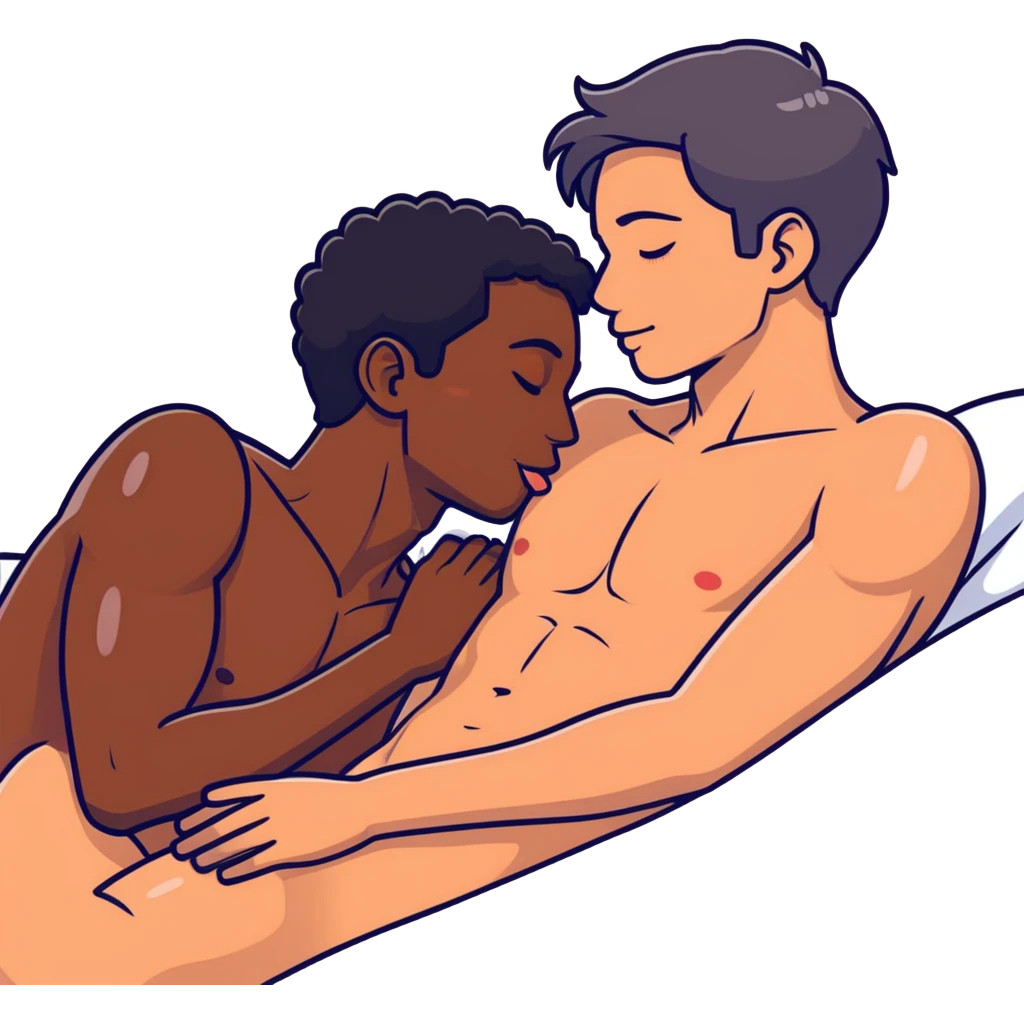 I398.67(((White adult male dark hair))) ,(((Dark skin  adult male))), naked, ((( sexual touching genitals))) , intercourse,spooning, kissing eyes closed tongue open mouth ,penis view, erotic rubbing body emoji