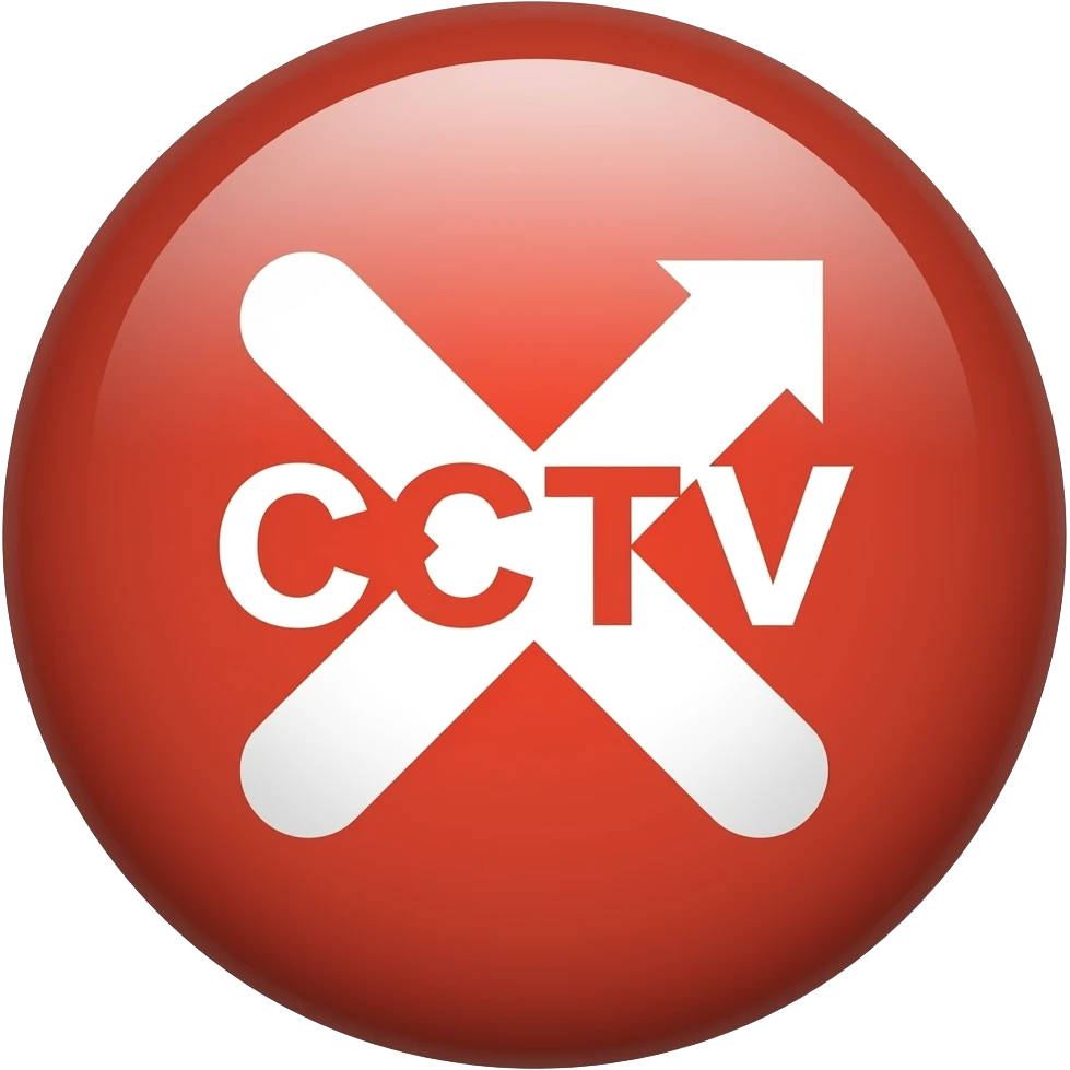 Red filled circle with white X and arrow end points on the X. CCTV word in the centre emoji